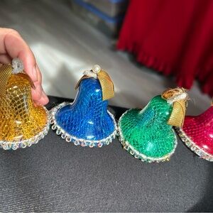 4/$100 Christmas 1950 Colorful Bell Ornaments with Rhinestone Trim x 4 🎄
